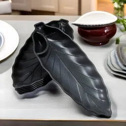 Leaf Shape Plastic 6 Pc Snacks Platters in Black Color-Perfect For Kitchen Sectioned Plate-picture-23