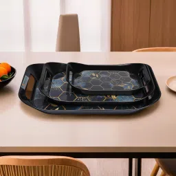 Plastic Nested Hexagon Serving Tray Set for Kitchen-Dining Room|Set of 3|Black Tray-13