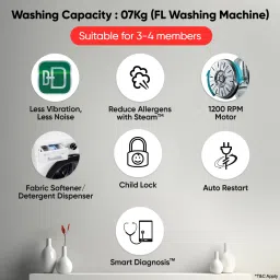 lg 7 kg 5 Star, Allergen free with Steam, Inverter Direct Drive - Less vibration, less noise, 6 Motion Direct Drive, 1200 RPM, Essence Fully Automatic Front Load with In-built Heater White image 2