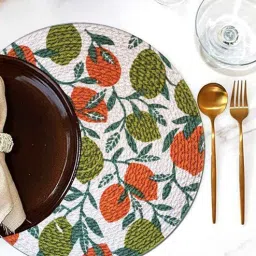 ana Green & Orange Round Cotton (Dia - 13 Inches)Leaf Print (Set of 2) Placemat-picture-37