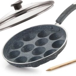 Aqua-Granite 12 Cavity Heavy-Weight Appam Pan Paddu Paniyarakkal Maker Patra Paniarakkal with Lid 1 L capacity 25 cm diameter-image-52