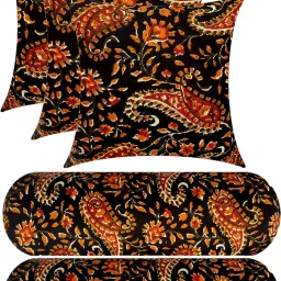 Combo Set Of 3 Cushion And 2 Microfibre Floral Bolster Pack of 5-image-1