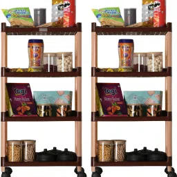 Pack of 2 Multipurpose 4-Layer Storage Trolley Rack with Wheels | Brown Plastic Kitchen Trolley-17