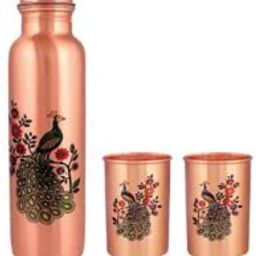 Peacock Print Copper Water Bottle with 2 Glass Set 1000 ml Bottle With Drinking Glass-image-25