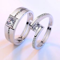 King & Queen Adjustable Couple Rings Stainless Steel Cubic Zirconia Silver Plated Ring Set-image-97