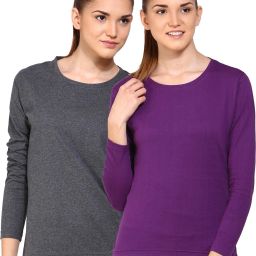 Pack of 2 Women Solid Round Neck Pure Cotton Purple, Grey T-Shirt-image-93