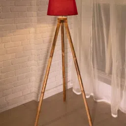 homesake Red Cotton Shade Tripod Floor Lamp With Wooden Base-picture-49