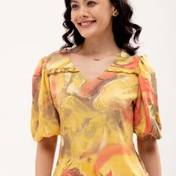 AASK Mustard Abstract Printed V-Neck Puff Sleeves Gathered Detail Blouson Top-picture-8
