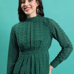 Tokyo Talkies Green Self Design High Neck Cuffed Sleeves Pleated Cinched Waist Top-image-33