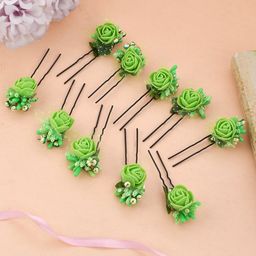 Silvermerc Designs Women Set of 10 Green & Black Embellished U Pins-28