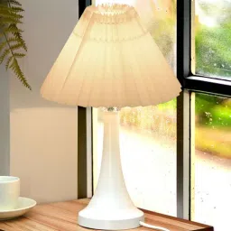 homesake Farmhouse Matt Table Lamp , White Modern Bedside Lamp with Pleated Khadi Cone Shade-picture-26