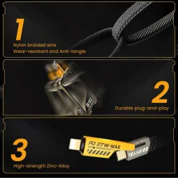 BfsTeckt Type C 9 A 1 m Metal Braided USB Type C Cable 13 A 1 m Braided 4 in 1 65W Fast Charging Cable Compatible for- & Android with MFI Certified (1 Meter) (Compatible with & Android phones, Type C to C , Usb to Lightning, C to Lightning data cable, White, One Cable) image 5