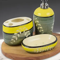 Kaolinite Yellow & Green 3Pcs Striped Ceramic Classic Glossy Soap Dispensers-image-86