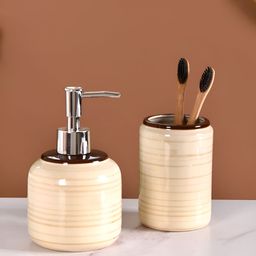Nestasia Beige & Brown 2 Pieces Striped Ceramic Contemporary Glossy Soap Dispenser-58