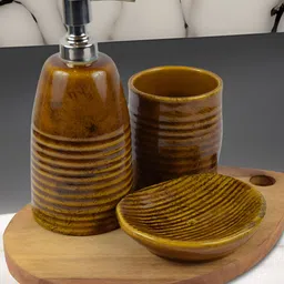 Kaolinite Brown & Yellow 3Pcs Striped Ceramic Classic Glossy Soap Dispensers-image-41