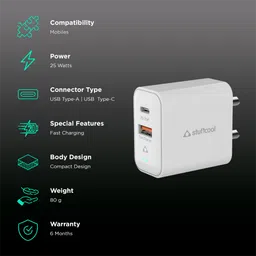 Stuffcool Flow 25W Type A and Type C 2-Port Fast Charger (Adapter Only, BIS Approved, White) image 2
