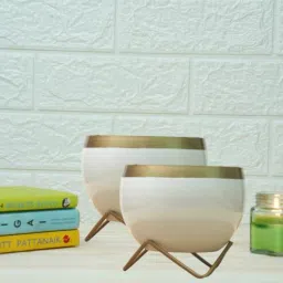 Metal Desk Pot WhiteGolden Print with stand Set Of 2 By Gold Dust-picture-6