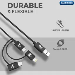 Bandridge U Series Type A to Type C, Micro USB, Lightning 3.2 Feet (1M) 3-in1 Cable (Tangle Free, Black) image 3