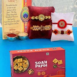 Designer Gift Set with Soan Papdi Sweets for Brother Boy Assorted Chawal Roli Pack, Greeting CardSet-image-53