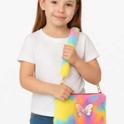 Rainbow Plush Faux Fur Shoulder Bag with Butterfly Charm Cute Shoulder Bag-image-1