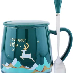 Love Your Life Cute Coffees Funny Ceramic Tea Cups with Ceramic Lid and Spoon Gifts for birthday (Green) Ceramic Coffee Mug-image-6