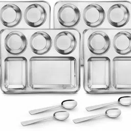 Pack of 4 Stainless Steel 5 in 1 Compartments Bhojan Thali with Spoon Dinner Set-15