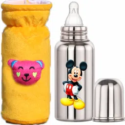 Stainless Steel Mickey Milk Feeding Bottle With Premium Yellow Cover - 250 ml-image-3