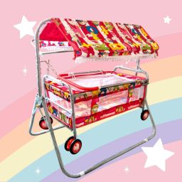 Kids jhula for Baby Kids Cradles/palna New Born Babies with Mosquito net/Kids palna Swing for Sleeping Baby Bigger jhula 6 Wheel Swing for Sleeping Girl & boy (Red)-image-7
