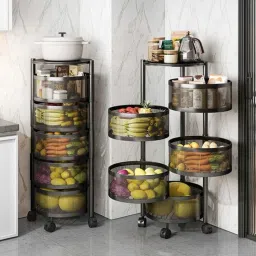 Rotating 5 layer Kitchen Trolley Round basket Organizer fruit vegetable trolley Carbon Steel Kitchen Trolley-2