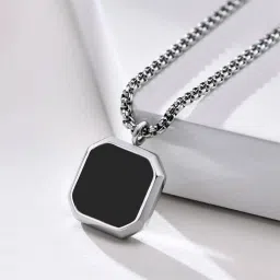 Square Pendant with Black Stone & Stainless Steel Box Chain Silver Stainless Steel Pendant Set-22