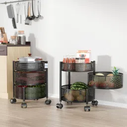 Pack of 2 Kitchen 2+1 Layer Metal Storage Rack with Wheels | Round Shape - Black Iron Kitchen Trolley-image-13
