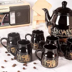 Pack of 7 Ceramic Handprinted Designer Tea Cups With Kettle | 6 Tea Cups | 1 Tea Pot Kettle-image-89