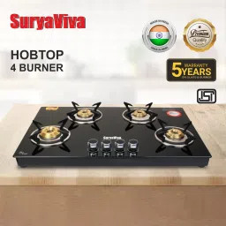 Hobtop 4B BK Toughened Glass 4 Brass Burner Gas Stove(Manual Igniton,Black) Glass Manual Hob-23