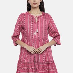 People Women Pink Ethnic Motifs Tie-Up Neck A-Line Dress-picture-27