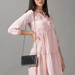 SHOWOFF Peach-Coloured & Black Striped Tie-Up Neck A-Line Dress-9
