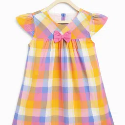 Campana Girls Checked Cap Sleeve Bow Detail Cotton A Line Dress-image-34