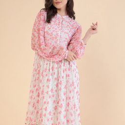 ADORNIA Floral Print Puff Sleeves Chiffon Gathered Or Pleated A-Line Dress-image-39