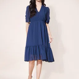 Justin Whyte Mandarin Collar Puff Sleeve Tiered Chiffon A-Line Dress-image-10