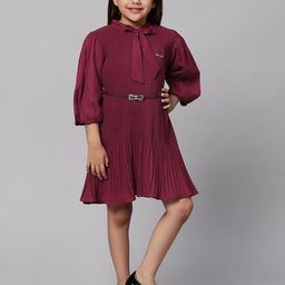 Macwin Girls Tie-Up Neck Puff Sleeves Chiffon Pleated A-Line Dress-image-11