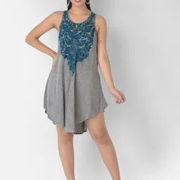 VELDRESS Women Grey & Teal Embroidered A-Line Dress-picture-42