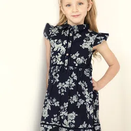 Cherry Crumble Girls Navy Blue & Grey Floral Printed A-Line Dress-image-78