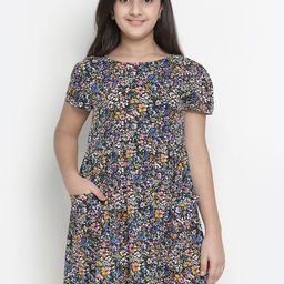 Oxolloxo Girls Black & Pink Floral Printed  A-Line Dress-image-15