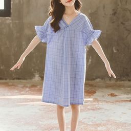 StyleCast Girls Checked V Neck Flared Sleeves Ruffled Straight Dress-image-56
