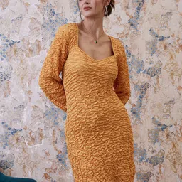 Athena Yellow Self Design Textured Sweatheart Neck Bodycon Dress-image-24