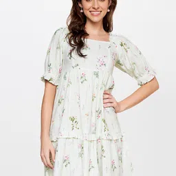 AND Green Floral Linen A-Line Dress-45