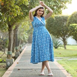 DECKEDUP Floral Printed V-Neck Cotton Wrap Midi Dress-picture-6