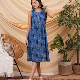 KAMI KUBI Abstract Printed Sleeveless Pleated Pure Cotton A-Line Dress-5