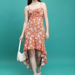 Tokyo Talkies Rust & White Floral Printed A-Line Dress-image-101