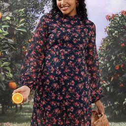Tokyo Talkies Teal Floral Printed High Neck Puff Sleeves A-Line Dress-image-43