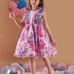 pspeaches Girls Floral Print Round Neck Sleeveless A-Line Dress-56